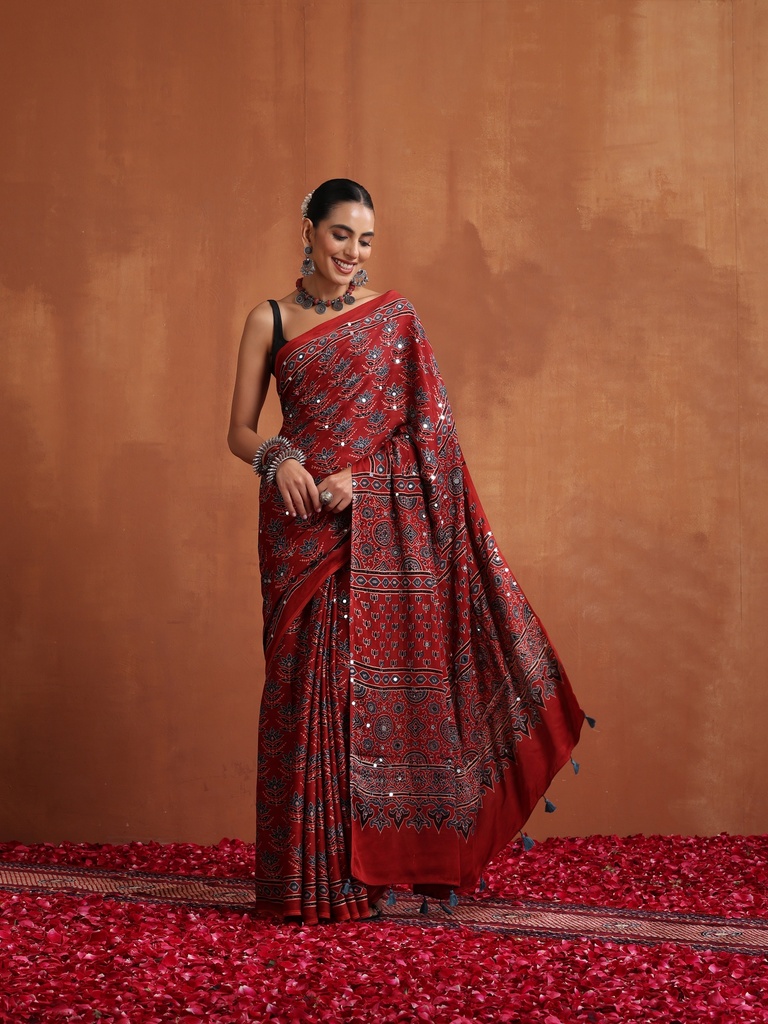 Ajrakh Modal Silk Mirror Saree 5036