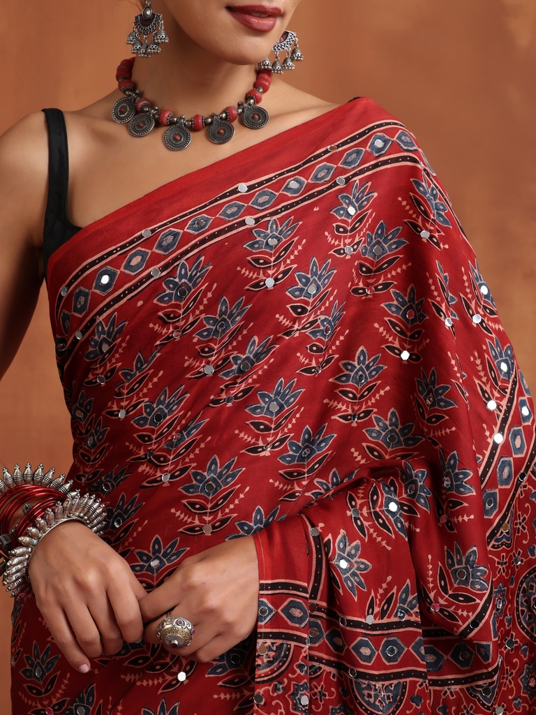 Ajrakh Modal Silk Mirror Saree 5036