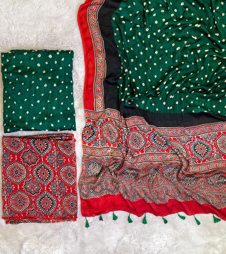 Ajrakh Bandhani silk suit 5012