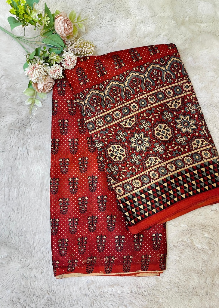 Ajrakh Handblock Printed Mashru Silk Fabric 4215