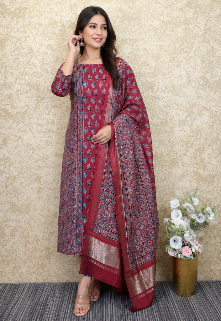 Ajrakh Maheshwari Silk Cotton Top And Dupatta 4558