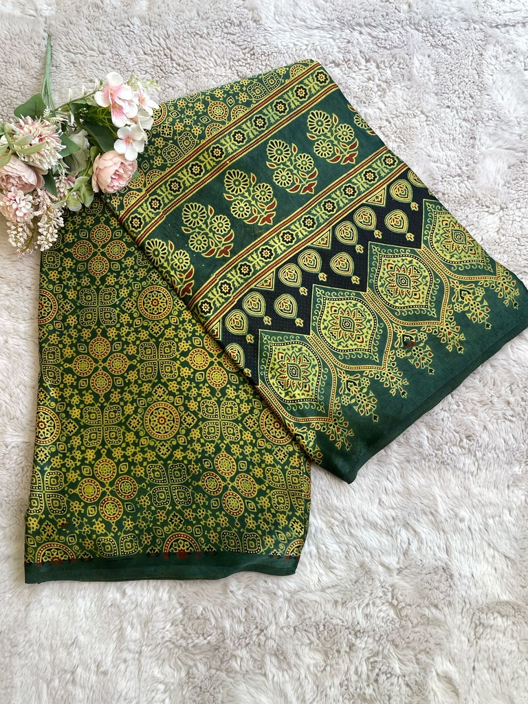 Ajrakh Handblock Printed Mashru Silk Fabric 4215