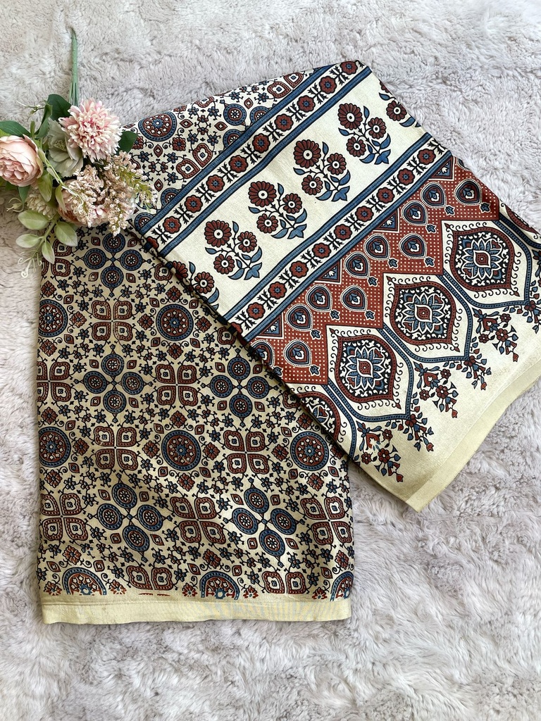 Ajrakh Handblock Printed Mashru Silk Fabric 4215