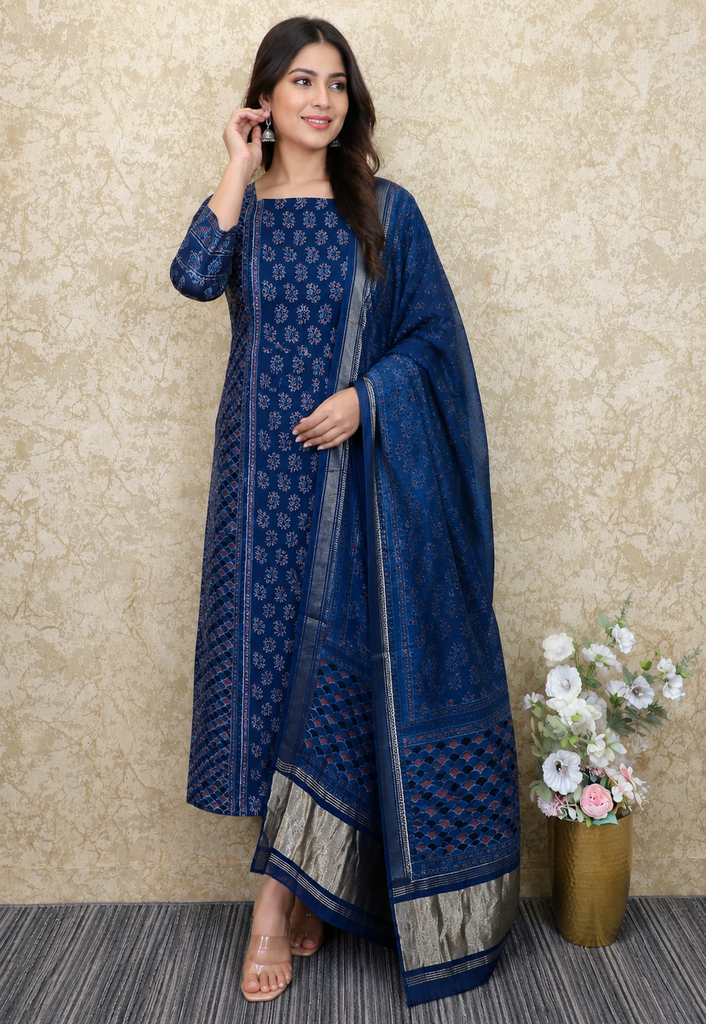 Ajrakh Maheshwari Silk Cotton Top And Dupatta 4558