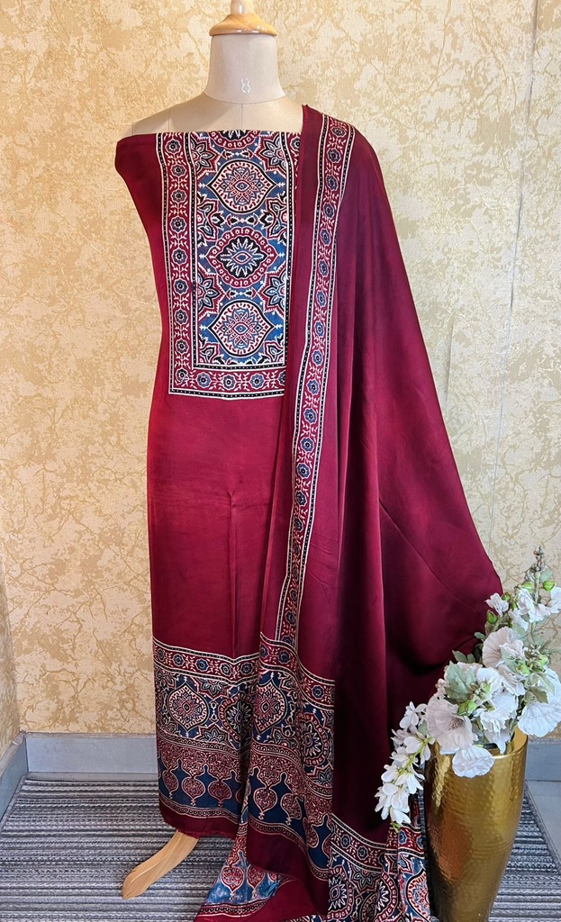 Ajrakh Modal Silk Top and Dupatta Set 5048