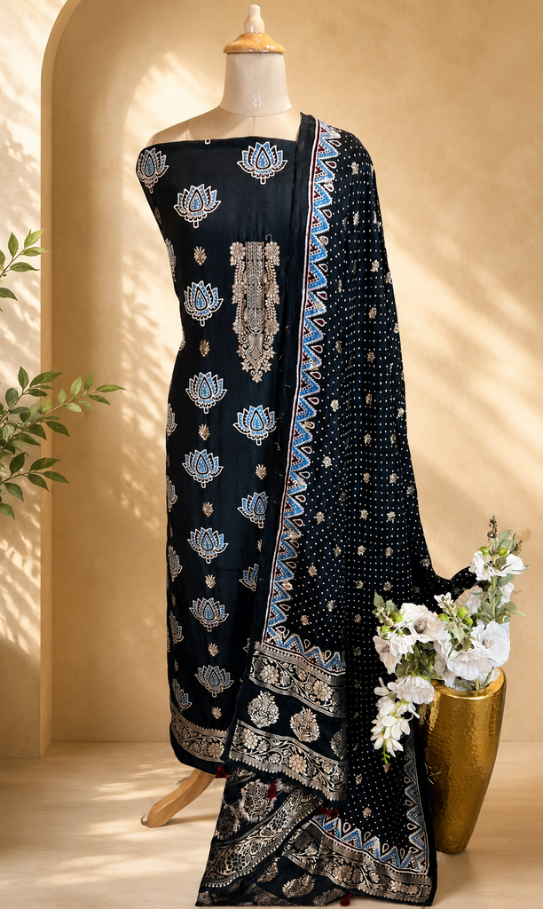 Ajrakh Dola Silk Top and Dupatta 5048