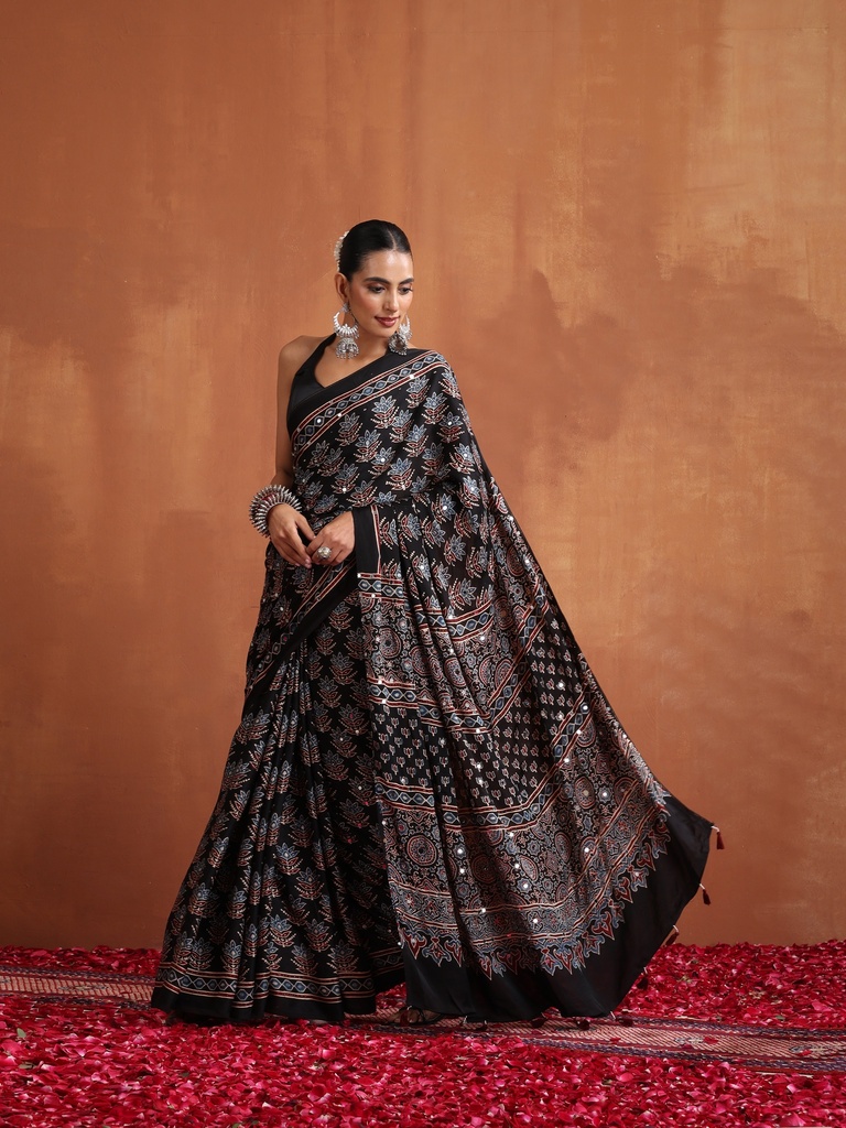 Ajrakh Modal Silk Mirror Saree 5036