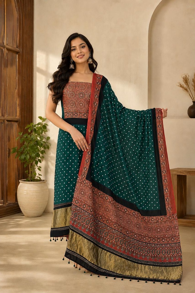 Ajrakh Bandhani Silk Top and Dupatta Set 5030