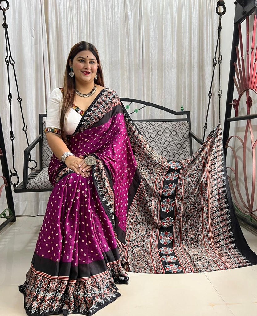 Premium Ajrakh Bandhani Saree 4244