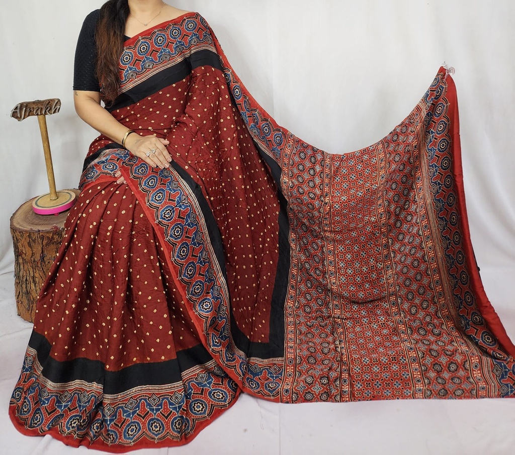 Premium Ajrakh Bandhani Saree 4244