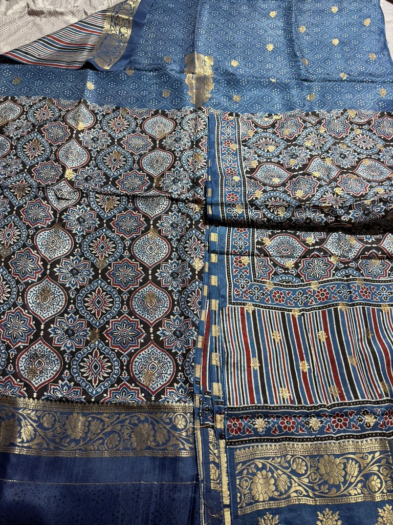 Ajrakh Dola Silk Top and Dupatta Set 5048
