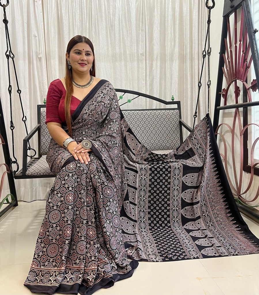 Ajrakh Modal Silk Saree 4243