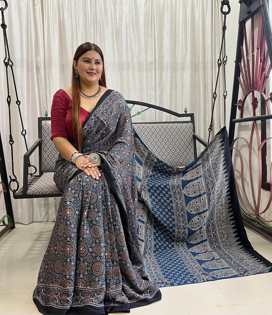Ajrakh Modal Silk Saree 4243