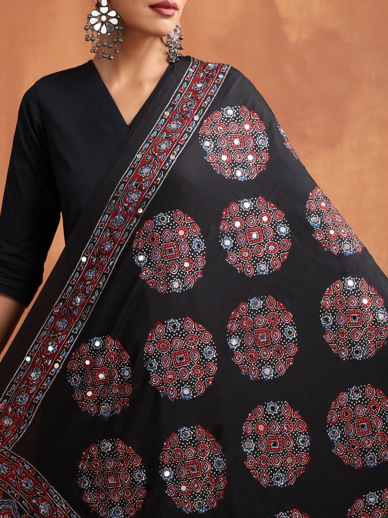 Ajrakh Mirror Work Silk Dupatta 5035