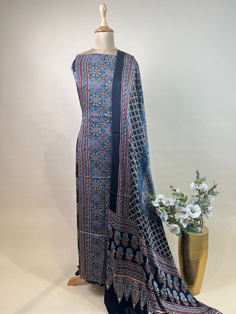 Ajrakh Modal Silk Top and Dupatta Set 5048