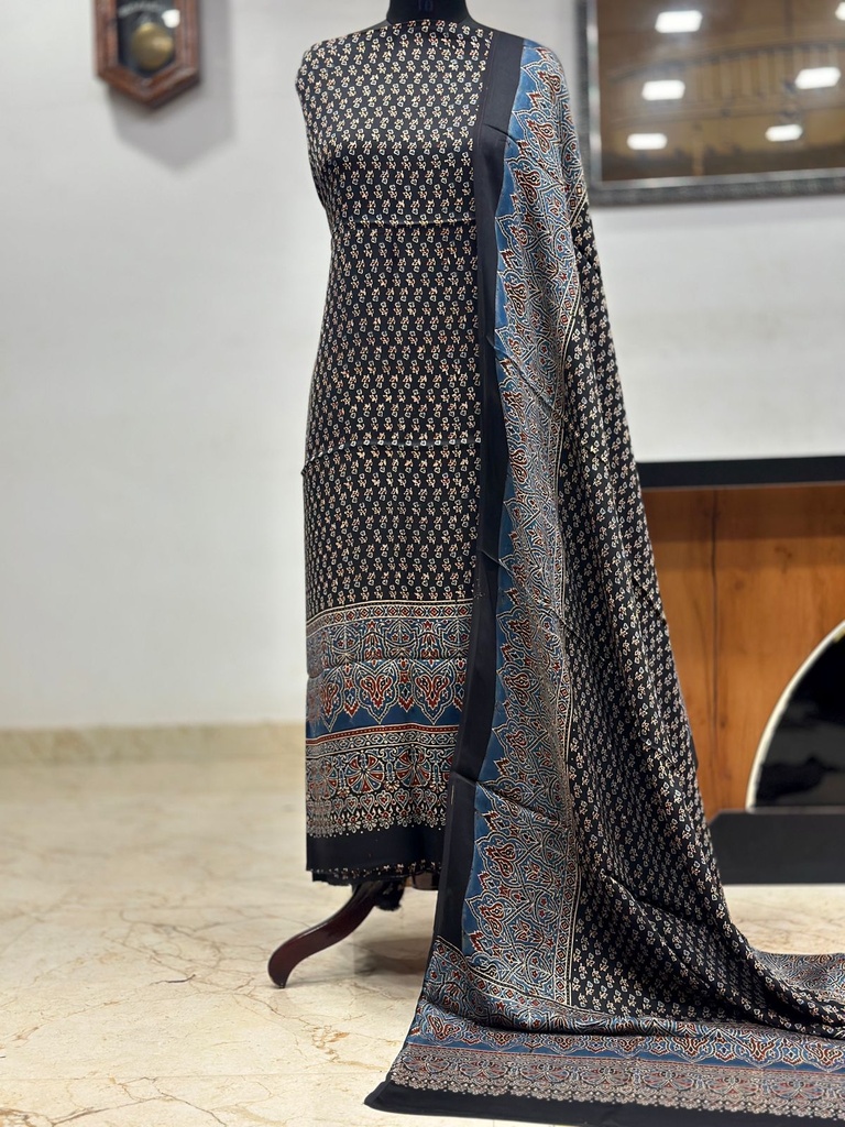 Ajrakh Modal Top and Dupatta Sets 5012 Black small flower