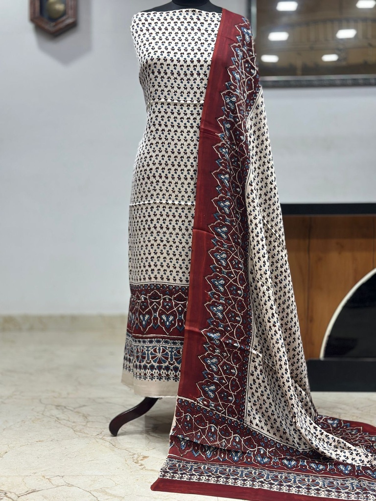 Ajrakh Modal Top and Dupatta Sets 5012 Ivory tiny flower