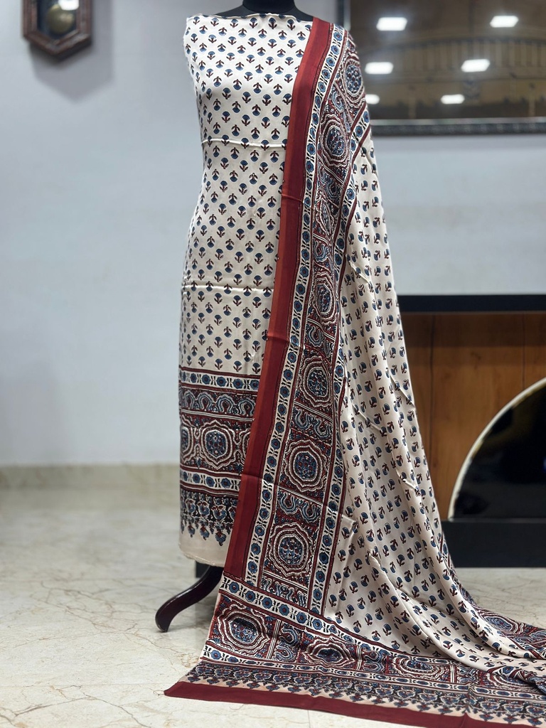 Ajrakh Modal Top and Dupatta Sets 5012 Ivory red flower