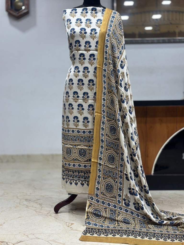 Ajrakh Modal Top and Dupatta Sets 5012 Ivory big flower yellow
