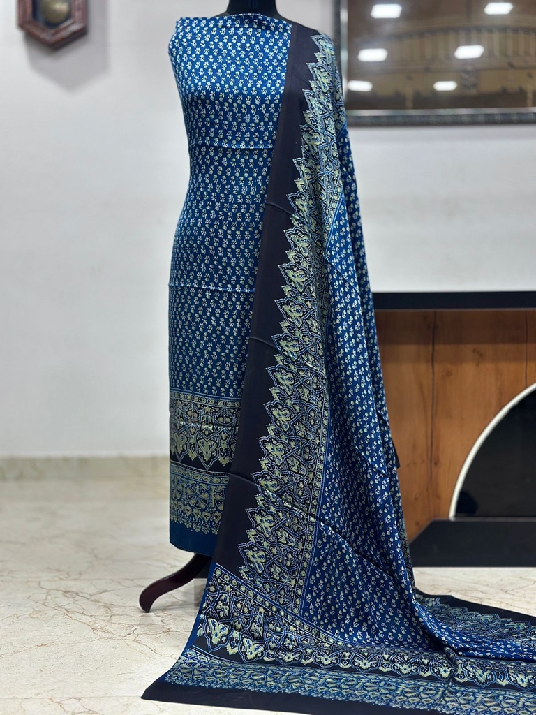 Ajrakh Modal Top and Dupatta Sets 5012 Blue small yellow flower