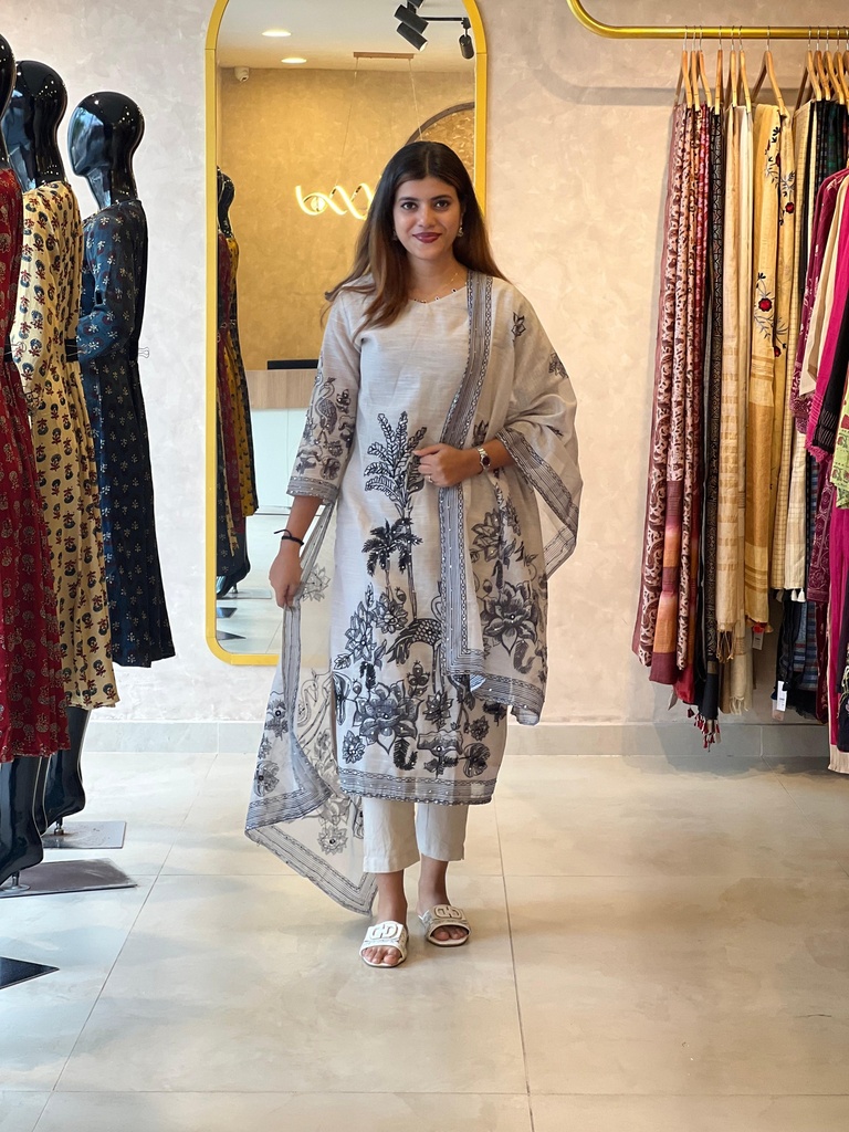 Linen Kurti Sets 5046 WHITE