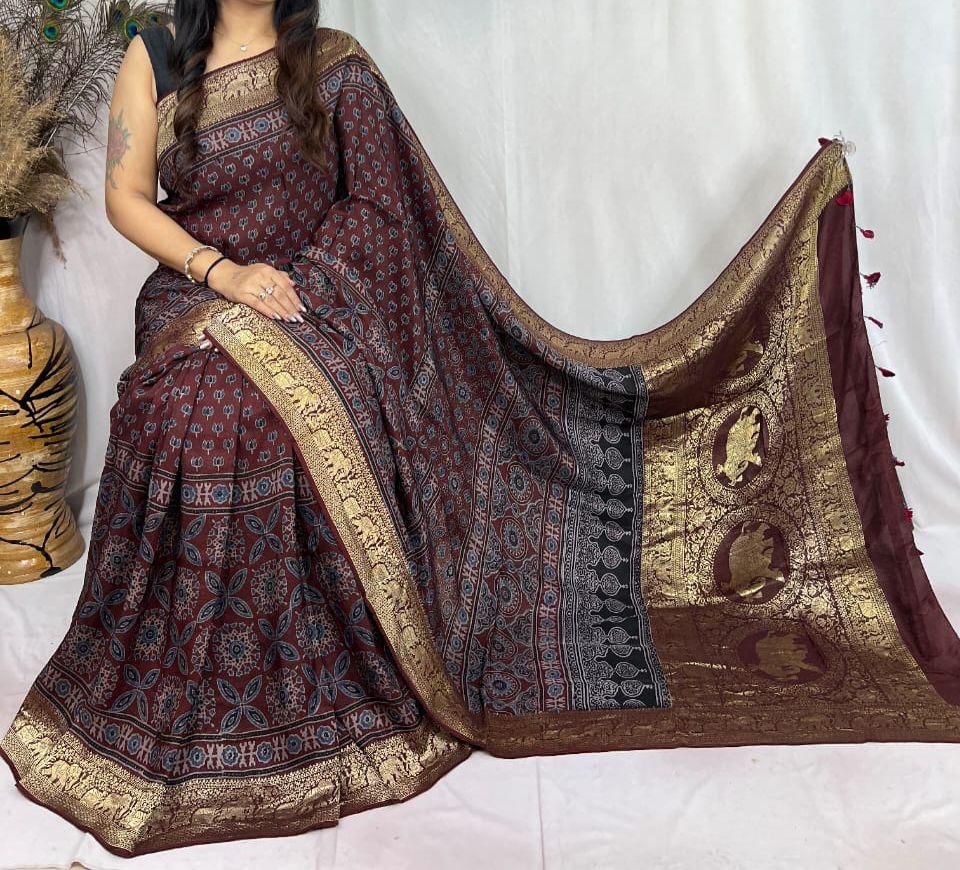 Ajrakh Dola Silk Sarees 5018