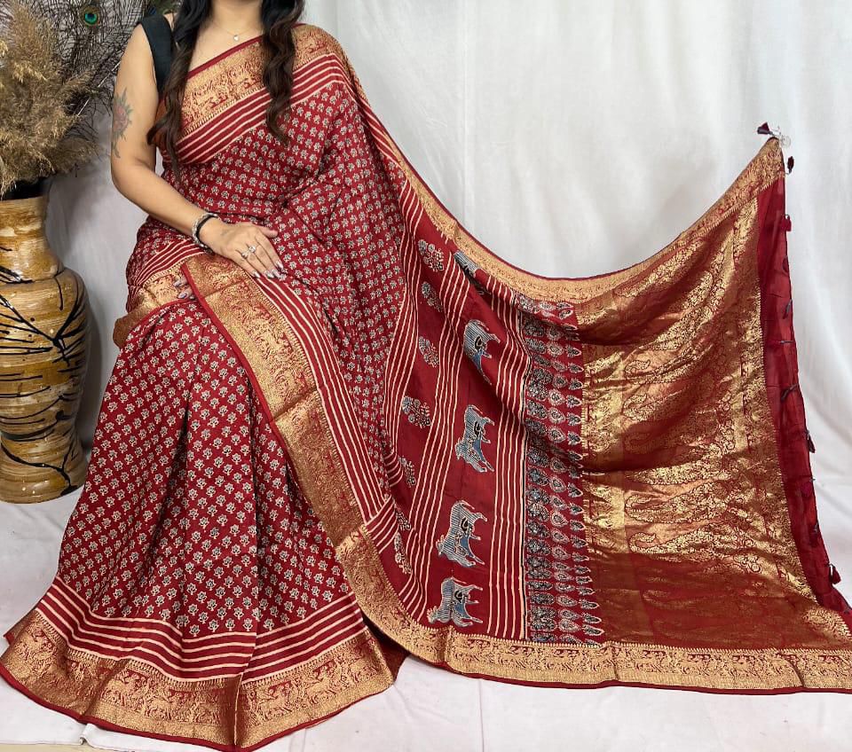 Ajrakh Dola Silk Sarees 5018