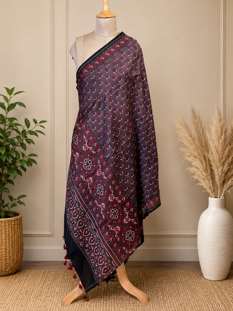 Ajrakh Chanderi Silk Dupatta 5017