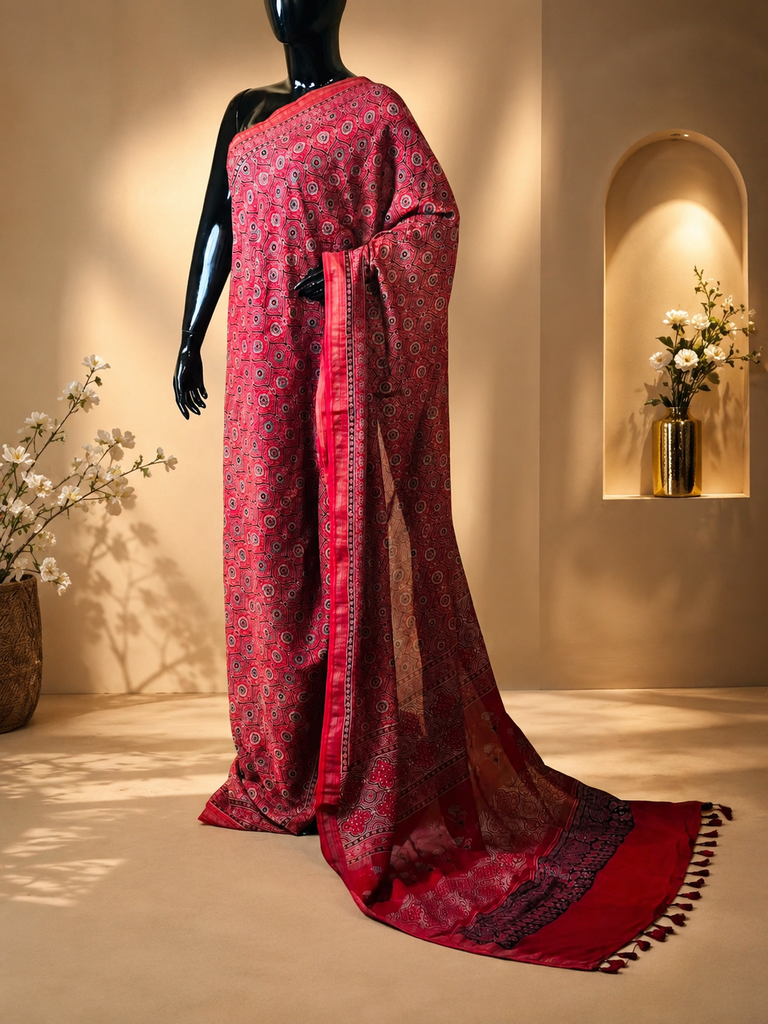 Ajrakh Maheshwari Silk Sarees 5028