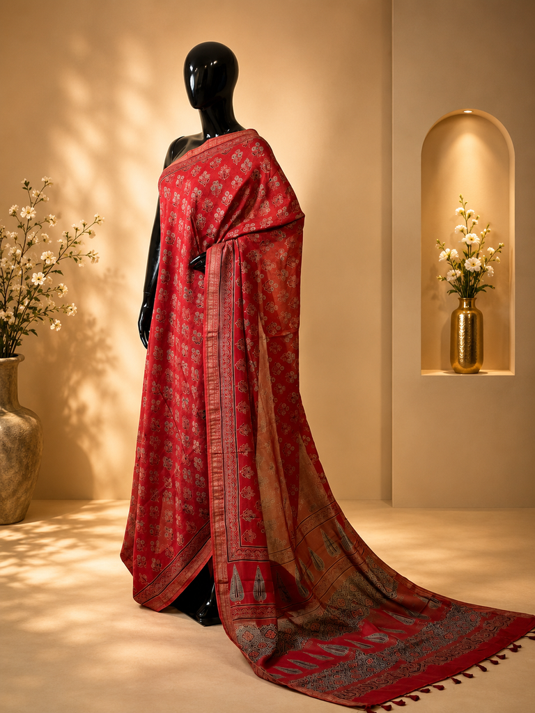 Ajrakh Maheshwari Silk Sarees 5028