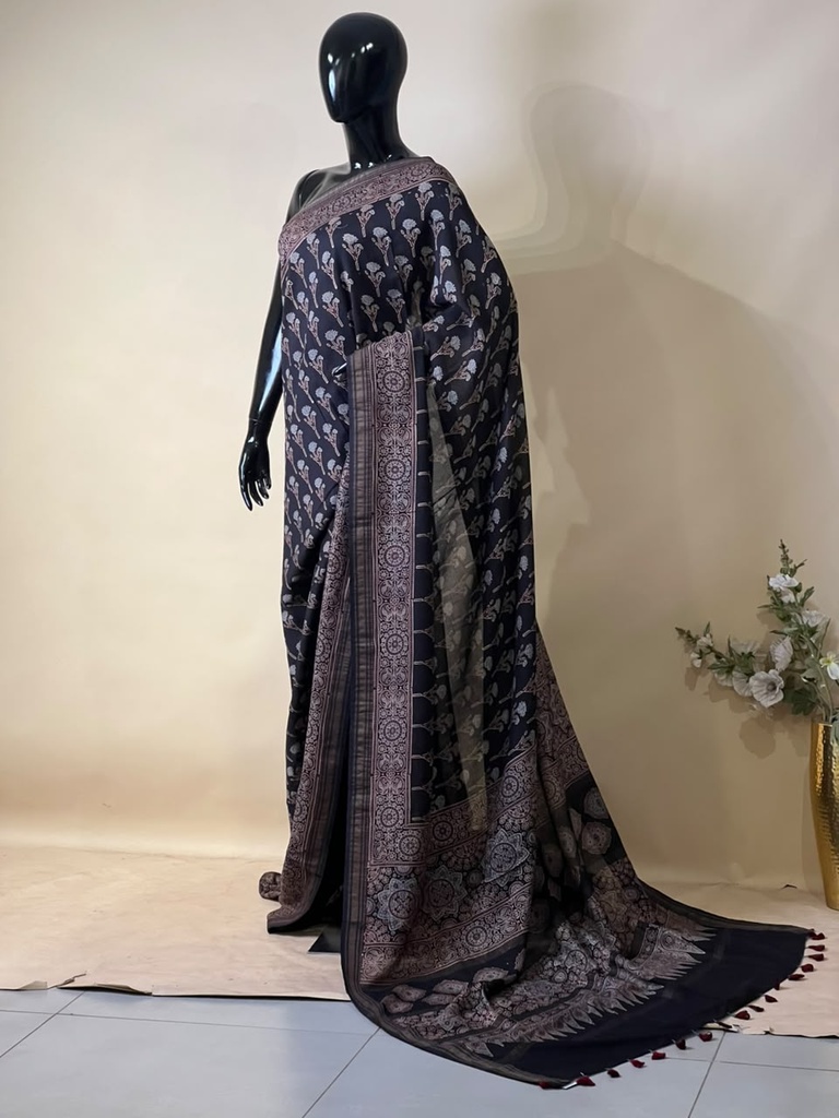 Ajrakh Maheshwari Silk Sarees 5028