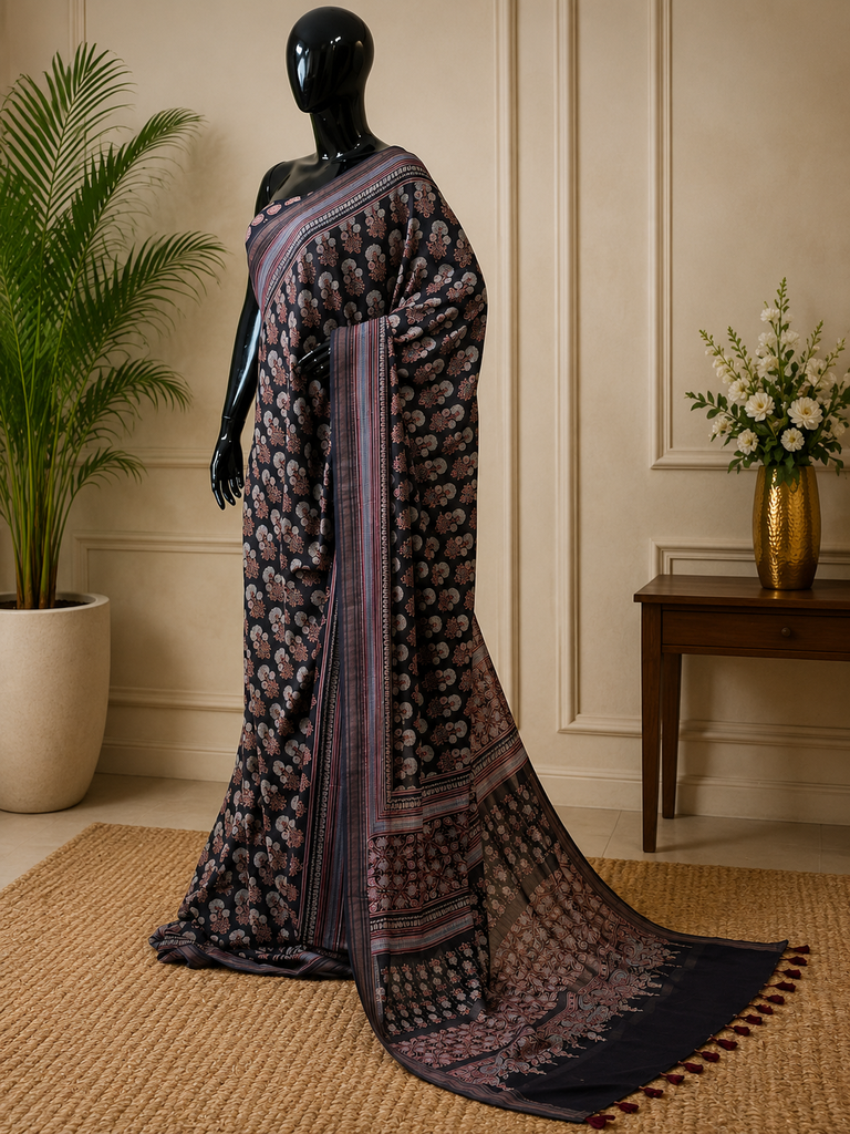 Ajrakh Maheshwari Silk Sarees 5028