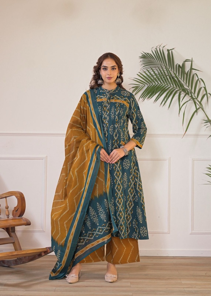 Ikkat Cotton Kurti Sets 5043 GREEN