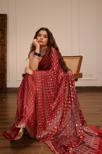 [SAMLK8650] Ajrakh Silk Mirror Saree 5036