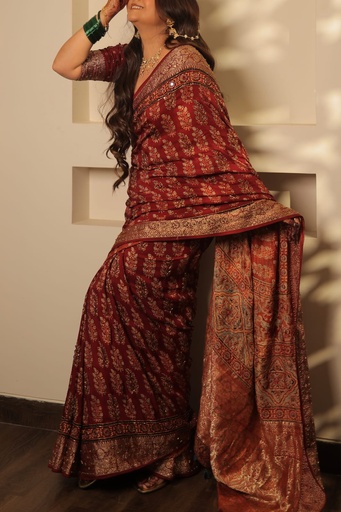 [SAMJ] Premium Ajrakh Handwork Silk Saree 5036