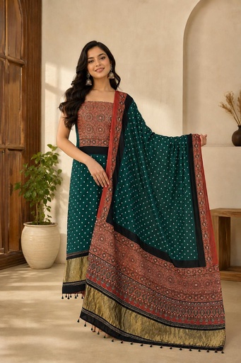 [SUMF24500] Ajrakh Bandhani Silk Top and Dupatta Set 5030
