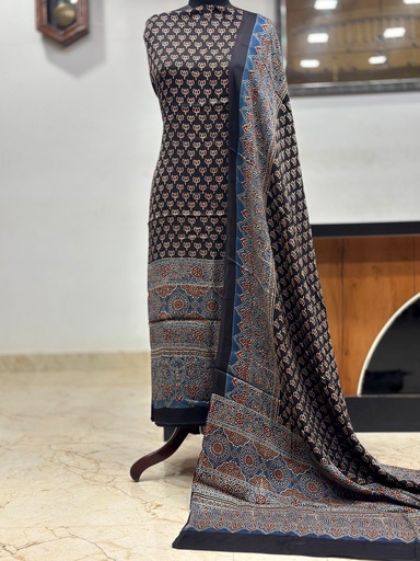 [SUMLK4650] Ajrakh Modal Top and Dupatta Sets 5012 Black Lotus