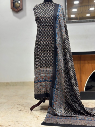 [SUMLK4650] Ajrakh Modal Top and Dupatta Sets 5012 Black small flower