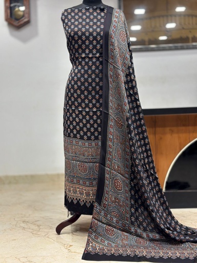 [SUMLK4650] Ajrakh Modal Top and Dupatta Sets 5012 Black flower 2