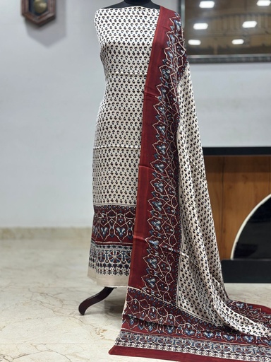 [SUMLK4650] Ajrakh Modal Top and Dupatta Sets 5012 Ivory tiny flower
