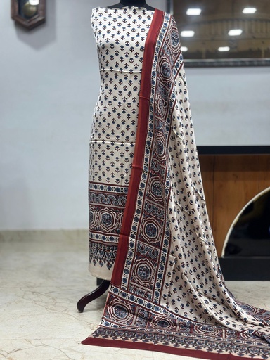 [SUMLK4650] Ajrakh Modal Top and Dupatta Sets 5012 Ivory red flower