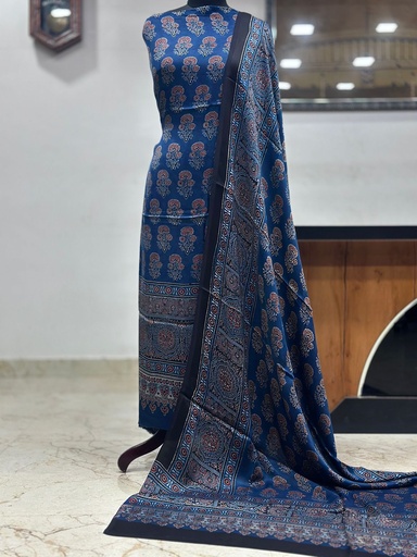 [SUMLK4650] Ajrakh Modal Top and Dupatta Sets 5012 Blue red flower