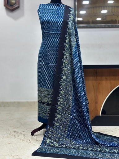 [SUMLK4650] Ajrakh Modal Top and Dupatta Sets 5012 Blue small yellow flower