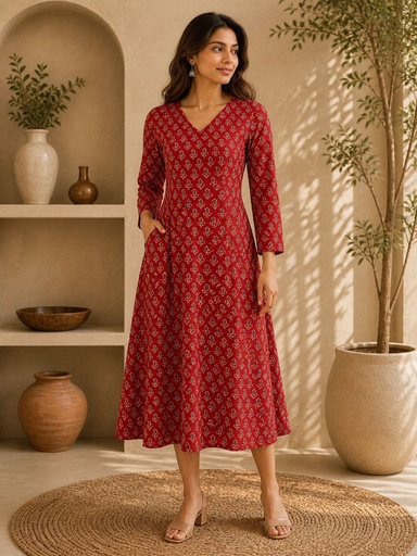 [KUEZ2150] Ajrakh Aline Cotton Kurti 5028