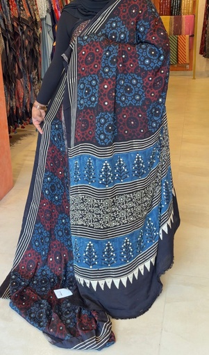 [SAKH7750] Ajrakh Silk Mirror Sarees 5036 