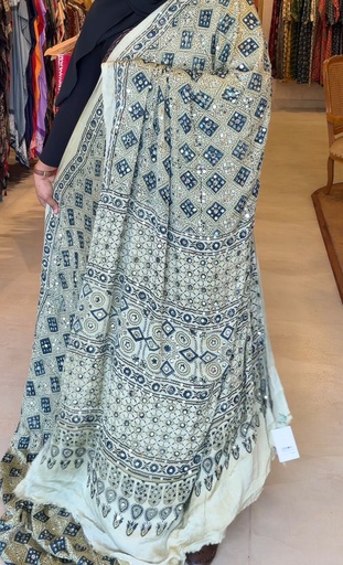 [SAKH7750] Ajrakh Silk Mirror Sarees 5036