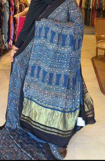 [SAKH8350] Ajrakh Silk Mirror Sarees 5036