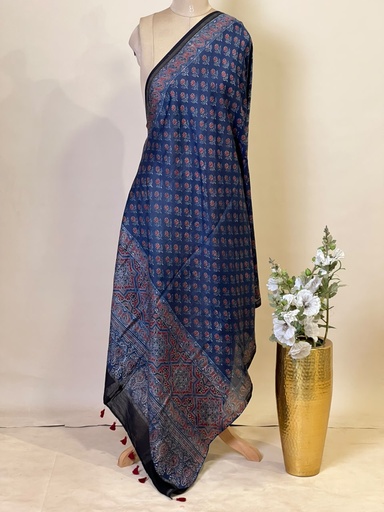 [DUKMS2950] Ajrakh Chanderi Silk Dupatta 5017