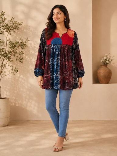 [KUBL3650] Ajrakh Modal Silk Peplum top 5058