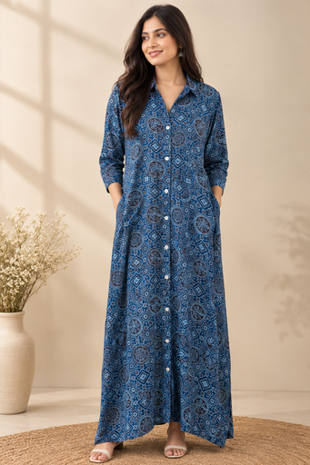 [KUVK4650] Ajrakh Modal Kaftan Style Dress 4803